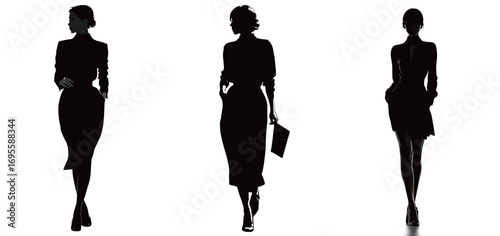Three women in chic dresses are captured as silhouettes against a light background, showcasing graceful movements and elegant postures in a fashion-focused setting.