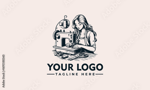 A vintage illustration depicts a woman sewing at a classic sewing machine.