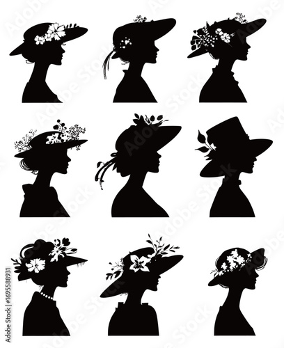 Silhouettes depict women in profile, showcasing a variety of stylish hats adorned with flowers. Each headshot features unique floral arrangements.