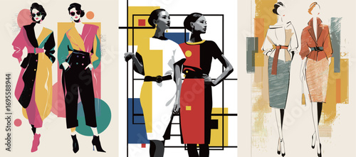 Stylized illustrations feature fashion models in vibrant outfits, combining geometric shapes and contrasting colors.