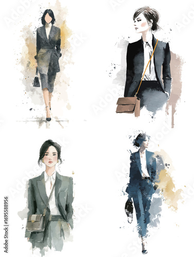 Stylish women walk confidently in contemporary business attire, showcasing a blend of sophistication and creativity. The watercolor effects add artistic flair to each figure.