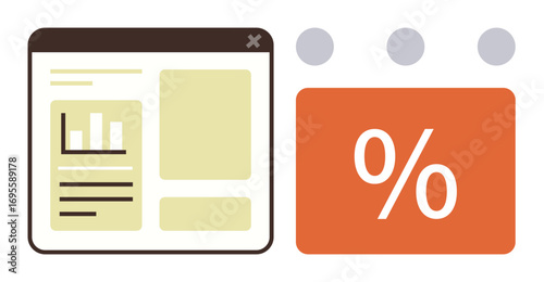 Digital interface featuring bar chart, text blocks, and bold percentage symbol. Ideal for finance, analytics, statistics, marketing, education business and reporting. A simple flat metaphor