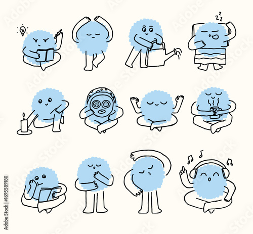 Doodle Style Icons of a Fluffy Monster Practicing Self-Care, Meditation, Relaxation, and Daily Wellness Habits