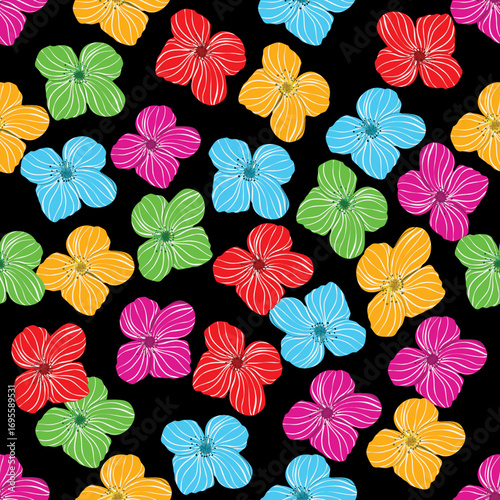 Multicolored tropical blossoms with bold outlines over black.