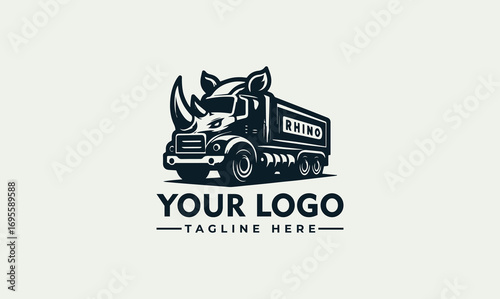 A logo design featuring a dump truck with a rhinoceros head, combining animal and industrial elements.