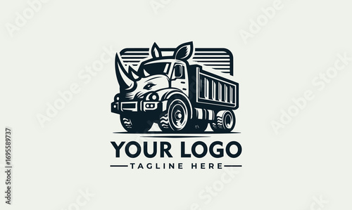 A logo design featuring a dump truck with a rhinoceros head, combining animal and industrial elements.