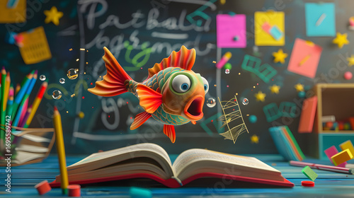 cute 3d cartoon fish jumping out of an open books