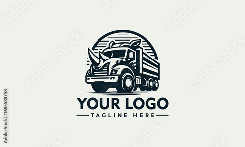 A logo design featuring a dump truck with a rhinoceros head, combining animal and industrial elements.