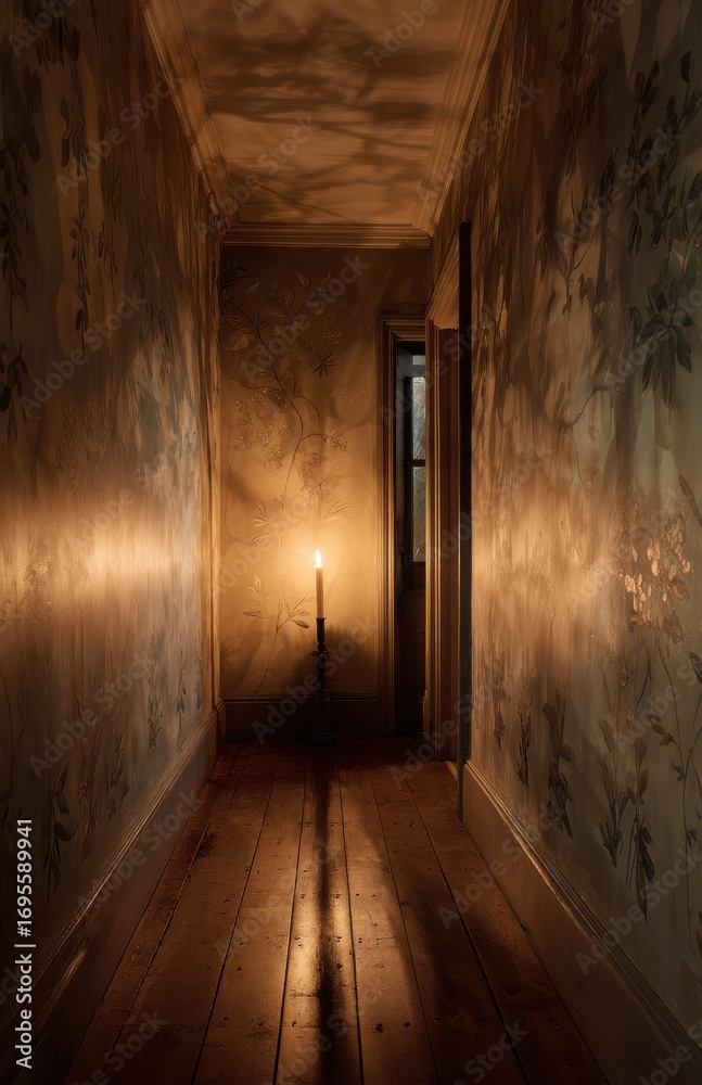Obraz premium Candle illuminating dark hallway with floral wallpaper