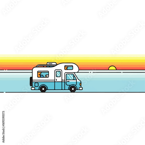 Scenic journey in a recreational vehicle along the ocean horizon at sunset, embodying the spirit of travel and freedom