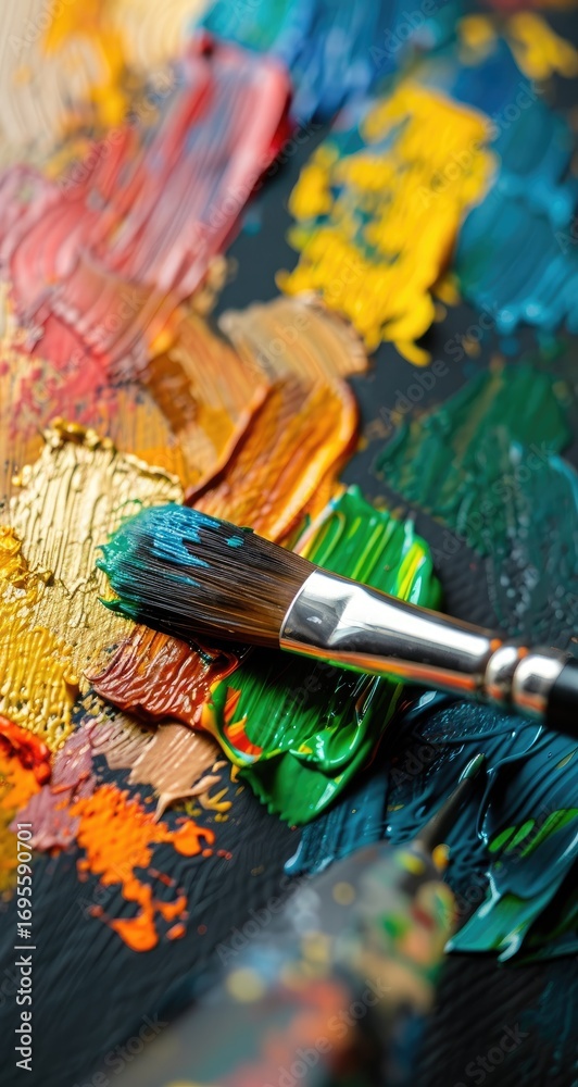 Obraz premium Close-up of a paintbrush mixing vibrant colors on a palette, showcasing artistic creativity