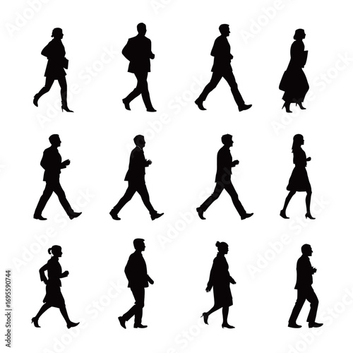 Silhouettes of various people walking in diverse styles and postures create a dynamic visual display on a plain background. Each figure represents movement and individuality.