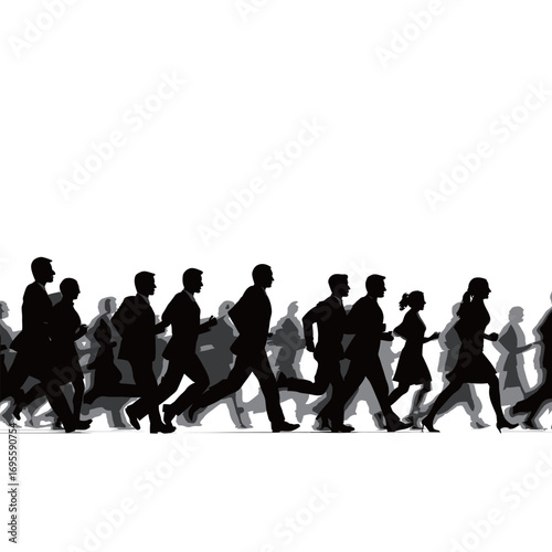 People hurry along a city street, silhouetted against a bright backdrop, creating a dynamic scene of urban activity during the evening rush hour.