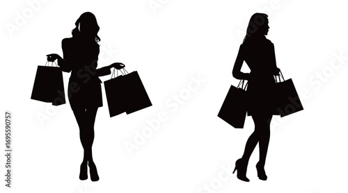 Two elegant women are depicted as silhouettes, each holding shopping bags in a stylish manner, showcasing a sense of fashion and leisure.