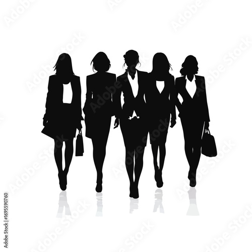 Five women dressed in business attire walk in unison, exuding confidence and professionalism. Their silhouettes emphasize a collaborative and ambitious spirit.