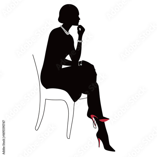 A silhouette of a sophisticated woman seated in a chair, thoughtfully resting her chin on her hand, exuding elegance through her red heeled shoes and sparkling jewelry.