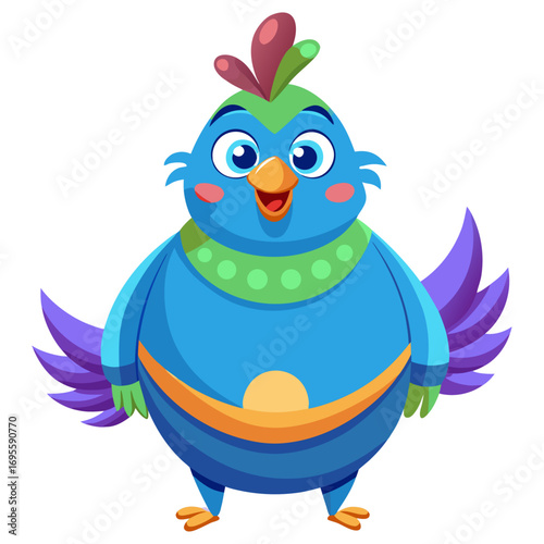 A vibrant 3D render of a cheerful, chubby Peacock cartoon character focusing on its stomach. 