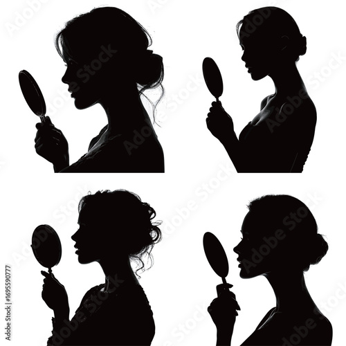 Four distinct silhouettes of women engaging with mirrors create a striking contrast against a light background. Each figure portrays a unique pose and expression.