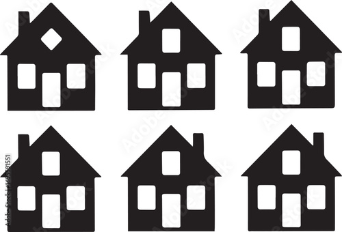 Six black house icons with white windows and chimneys on a white background home building