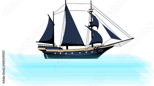 Vector illustration of a classic sailing ship with dark sails floating on calm blue water, flat design style, perfect for decoration, posters, or design elements with nautical and sea adventure themes
