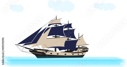 Simple Graphic Style Sailing Ship on Ocean with Clouds Illustration