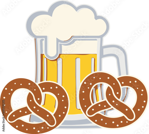 Vector illustration of a frothy beer mug with two pretzels, traditional Oktoberfest food and drink, perfect for festival posters, party invitations, bar menus, and design elements celebrating Bavarian