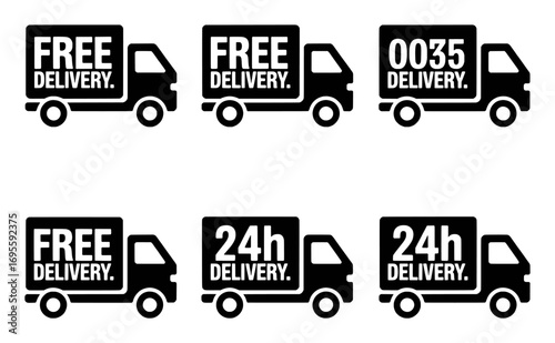 Set of Black Delivery Truck Icons: Free, 24h, and Numbered Delivery