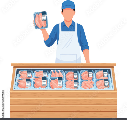 Butcher holding packaged chicken cuts in refrigerated display case.