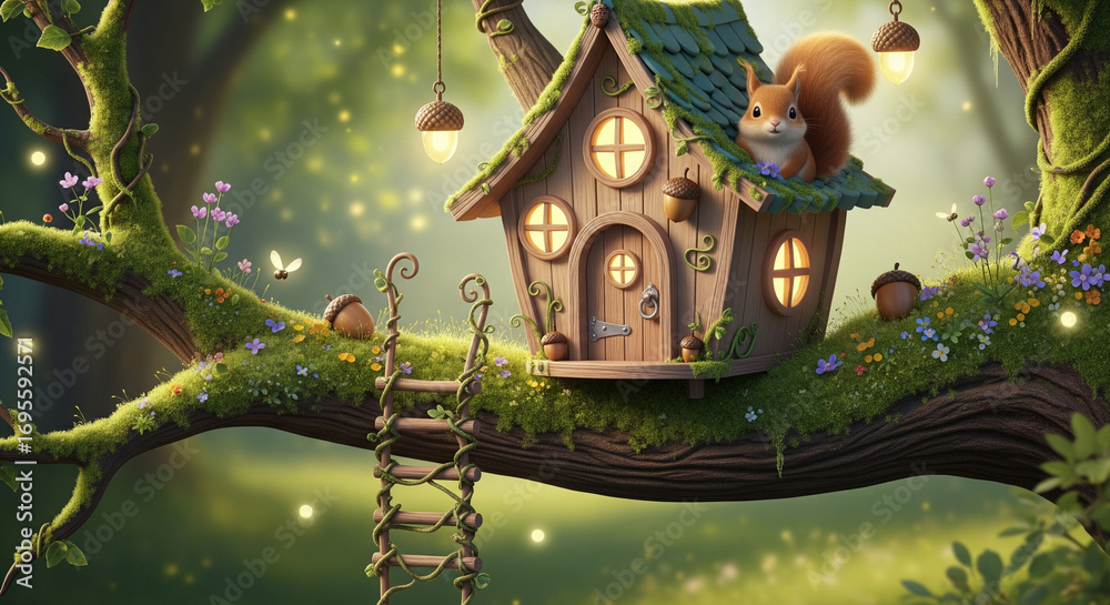 Fototapeta premium Squirrel Treehouse — Cute Animal Home Hanging on a Tree