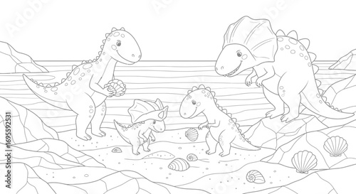 Adorable dinosaurs outline playing on the beach with shells, a cheerful and educational illustration