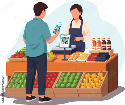 Customer uses smartphone for contactless payment at grocery store checkout.