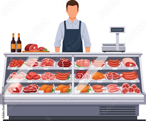 Butcher with a Display Case Full of Fresh Meats and Poultry.