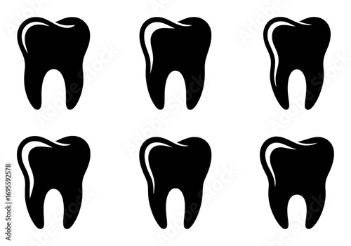 Six Black Tooth Icons on a White Background