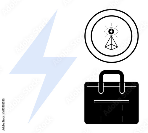 Lightning bolt, eye inside a triangle, and briefcase. Ideal for energy, vision, work, power, corporate strategy intuition leadership. Simple flat metaphor