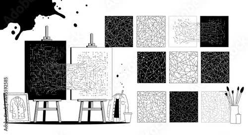 Black and white artistic illustration featuring canvases, paint splatters, and abstract line