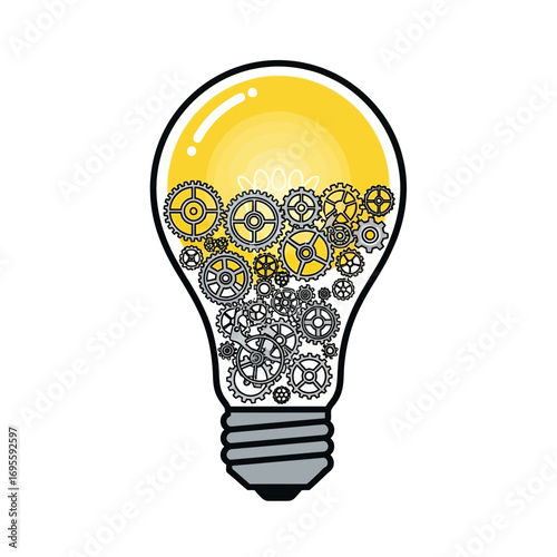 vector illustration flat A yellow lightbulb is filled with a complex clockwork gear mechanism.