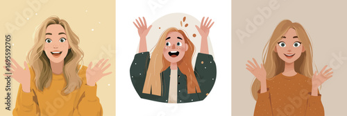 Three cheerful illustrations show a young woman with blonde hair displaying excitement. She is smiling and raising her hands, conveying happiness across different backgrounds.