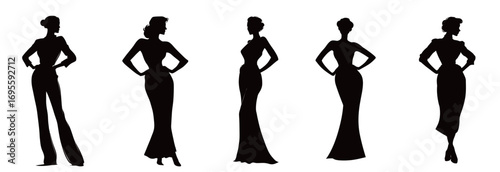 Elegant silhouettes exhibit a range of evening wear styles, highlighting creativity and artistry in fashion design. Each figure transitions through unique poses and attire.