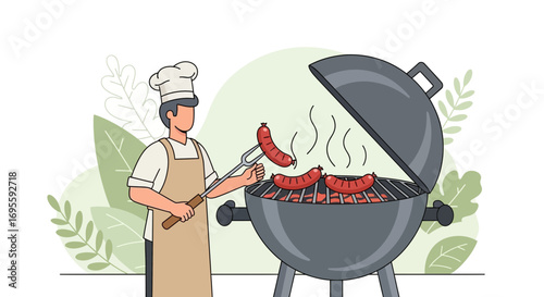 Chef grilling sausages outdoors for a backyard barbecue party preparation illustration