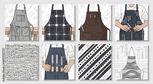 Collection of diverse apron designs for woodworking, crafting and home improvement projects