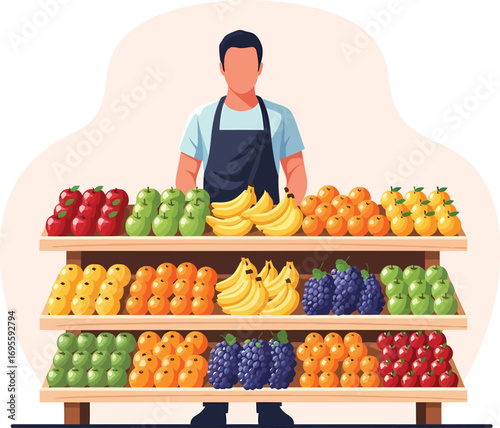 Fruit vendor with colorful produce display.