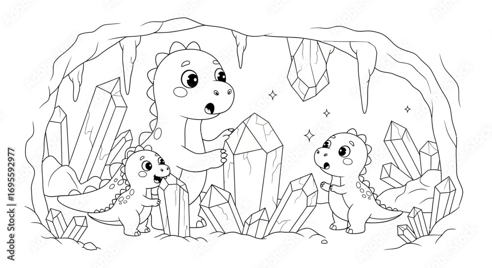 Obraz premium Delightful Dinosaurs Discovering Sparkling Crystals in a Mysterious Cave Illustration