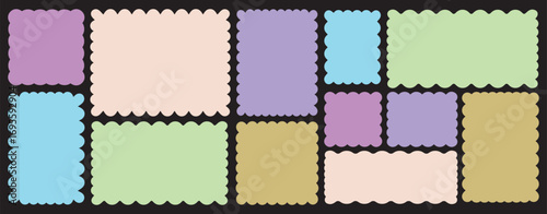 Color rectangle frames with wiggly borders. Rectangle shape frame with zigzag edge. Torn paper, jagged rectangular shape box element set with zigzag edges.