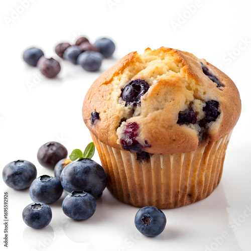Golden blueberry muffin with visible berries, isolated on a clean white background ideal for bakery promotions,