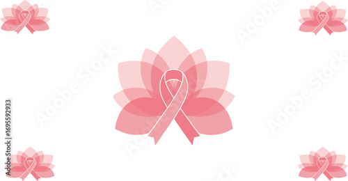 Vector illustration of a pink ribbon symbol layered with lotus flower petals, representing breast cancer awareness, hope, and support, perfect for health campaigns, posters, charity events, and medica
