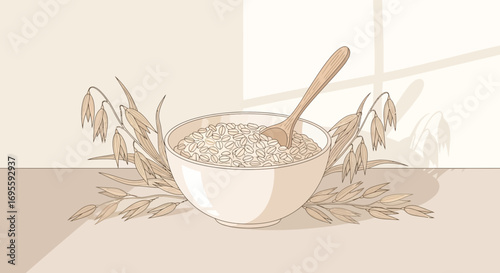 Delicious and Nutritious Oatmeal Bowl with Oat Stalks Illustration with Natural Light, High Detail