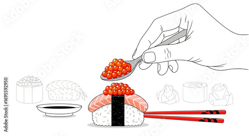 Delicate preparation of salmon roe sushi with precision and artistic food presentation