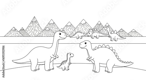Dinosaur Family Coloring Page with Mountains Background Ideal for Children Activities
