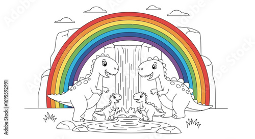 Dinosaur family fun under a vibrant rainbow backdrop and cascading waterfall illustration