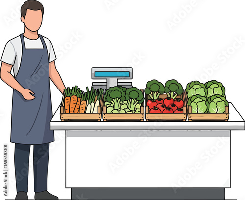 Grocer with fresh vegetables and weighing scale.